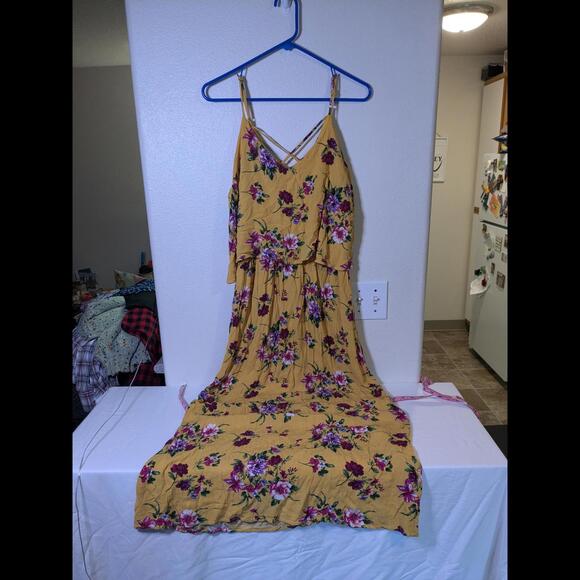 GUC Ambiance Women's Sz Large Yellow Floral MaxiDress Mustard Yellow *See flaws* - Picture 1 of 8